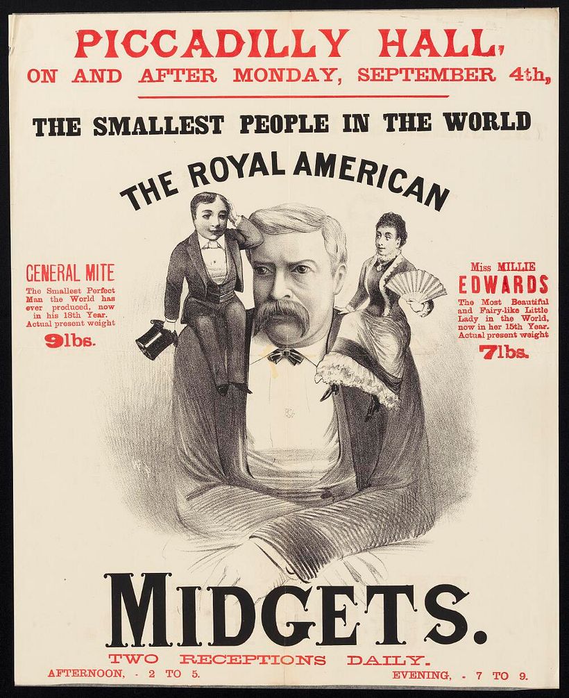 The smallest people in the world (1882). Advert for an exhibition in Piccadilly, London