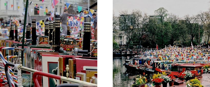 The iconic chimneys of Narrowboats + Canalway Cavalcade boats decorated with bunting