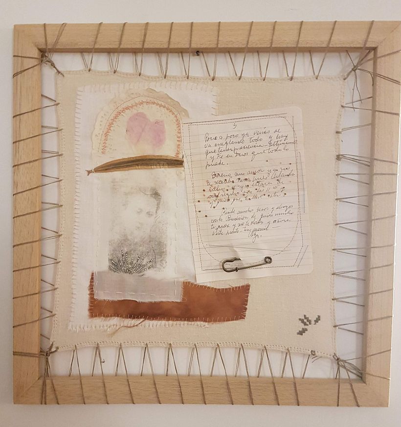 Mi proyecto final con puntada de corbatín, nudo francés, costura a máquina y a mano. Mi madre y una carta que me escribió.