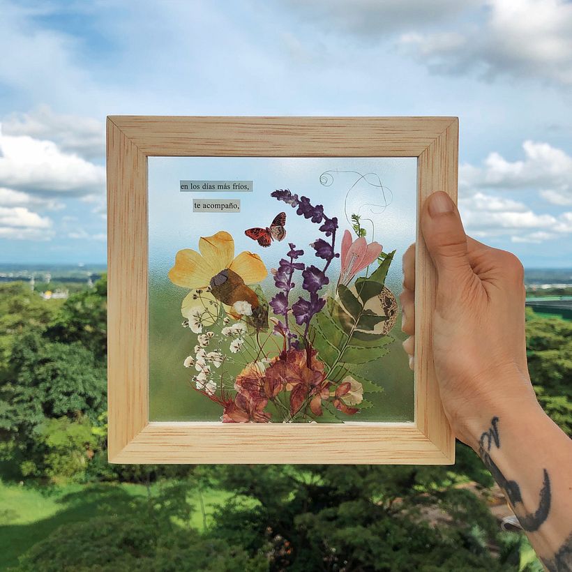 Composición botánica con plantas prensadas. 15x15 cm. Happy Green Family 2020