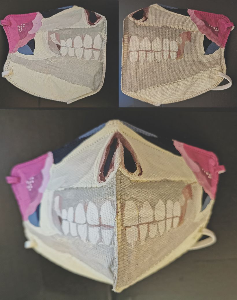Diferentes vistas de la mascarilla pintada con acrílico 