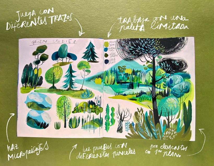 doble de naturaleza con texturas de aguada y pincel seco