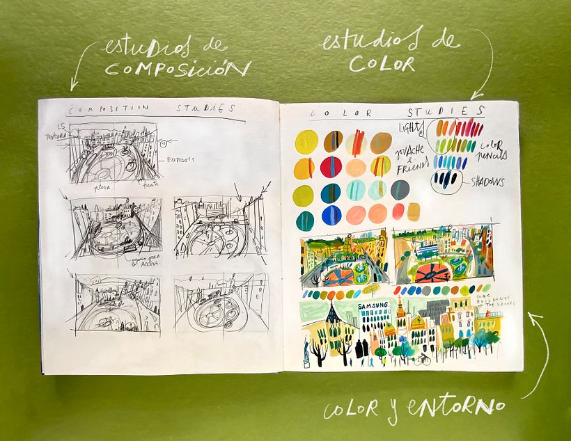 doble con los estudios de composición, paleta de color y elementos del entorno urbano 