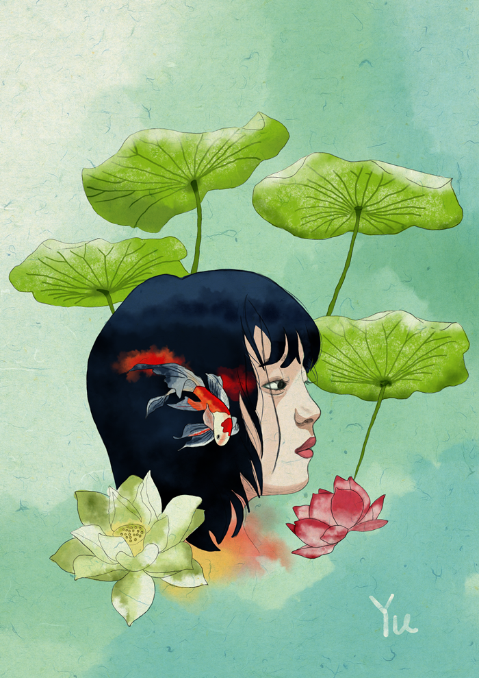 My project in Illustration Techniques with Digital Watercolor course. I love the combination of lotus, goldfish and girl. The lotus color come from the idea of Chinese traditional tie-dyeing technique. 0