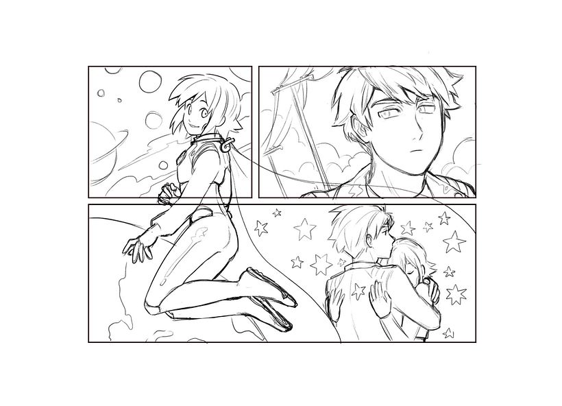 Dan begin ik de schets uit te werken, corrigeer ik poses en verhoudingen en zorg ik dat het zuiver blijft.