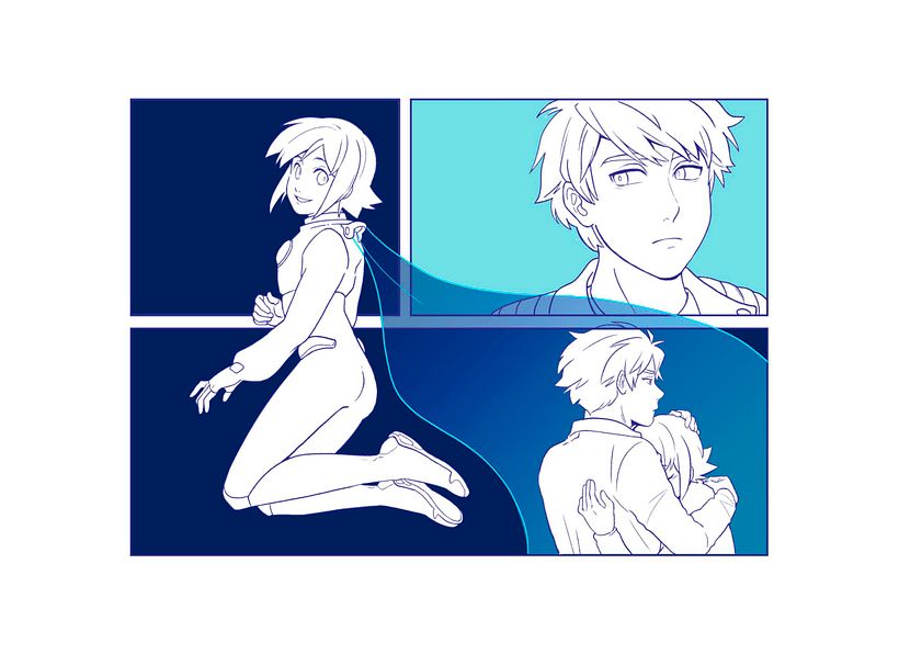 Meestal inkt ik en kleur ik dan in blokken, met elk frame en elk personage op een eigen laag. Dit maakt het inkleuren makkelijker.