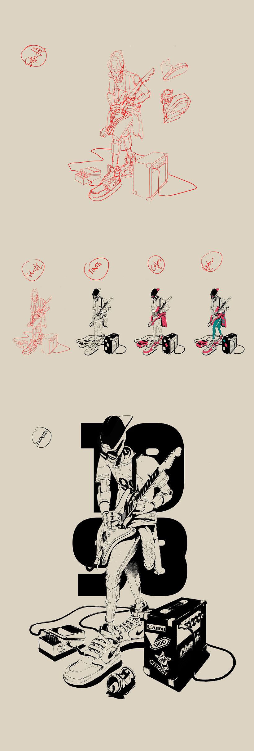 I'm sharing the process of creating this piece, from the initial sketch to the inking and the first applications of color. 