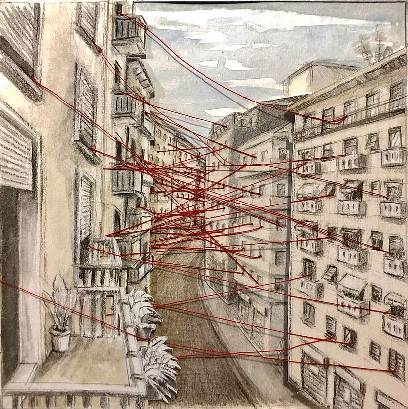 Lockdown collective, may 2020b(paper, red thread, graphite) 0