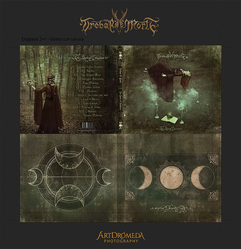 Diseño completo de Digipack 2+1 - libreto con ranura para el álbum "The Book of Shadows" del grupo Trobar de Morte