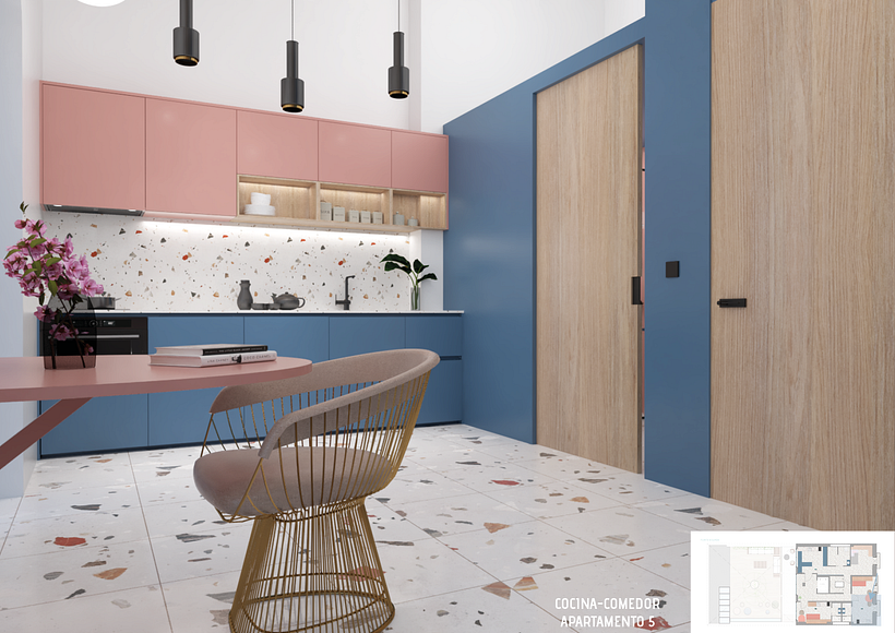 Planta Segunda_ Habitación 5_ Cocina con vistas a puerta de entrada y puerta izquierda baño individual