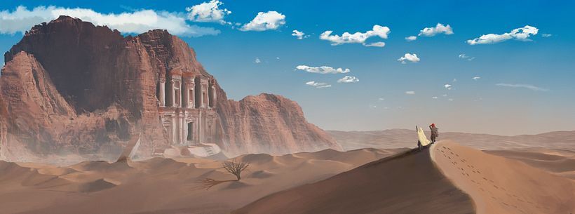 Concept Final. Los viajeros encontraron las ruinas de Tolonte después de un arduo y largo viaje en medio del desierto.