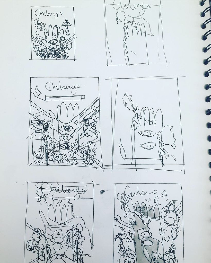 Estas fueron algunas de las primeras exploraciones que hago para definir la composición y elementos que ilustraría.