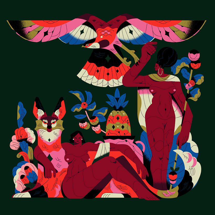 Tregua, una ilustración donde exploro la composición con varios elementos entre anatomía humana y flora