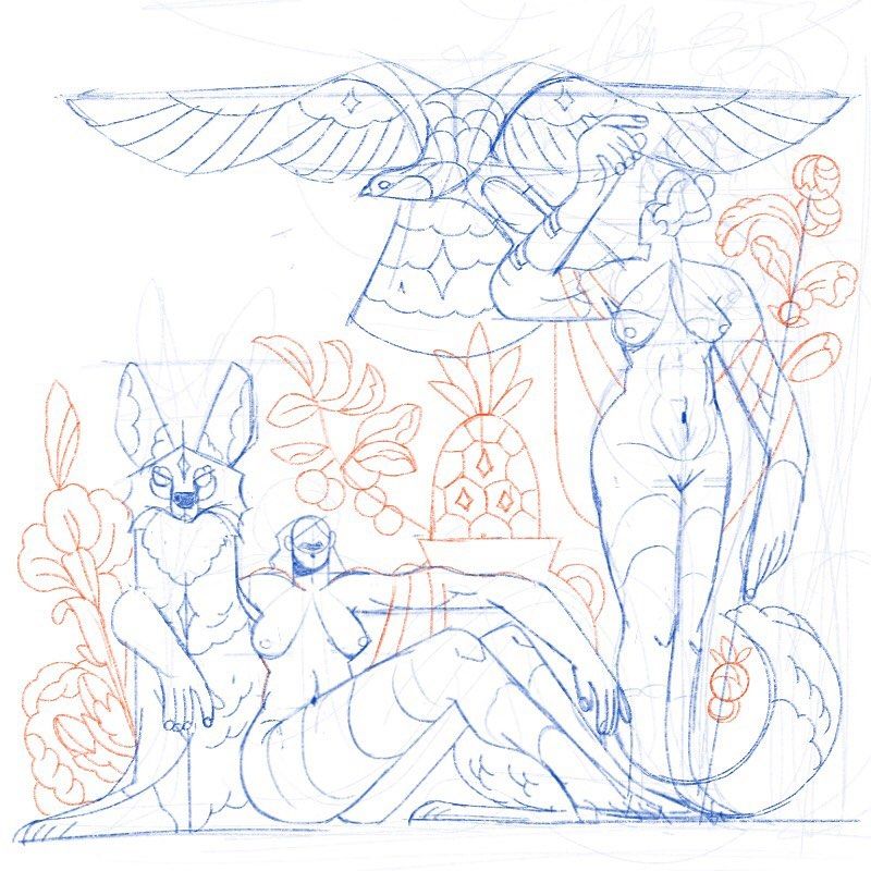 Este es un boceto casi final de la composición, en azul las figuras principales, en rojo lo decorativo