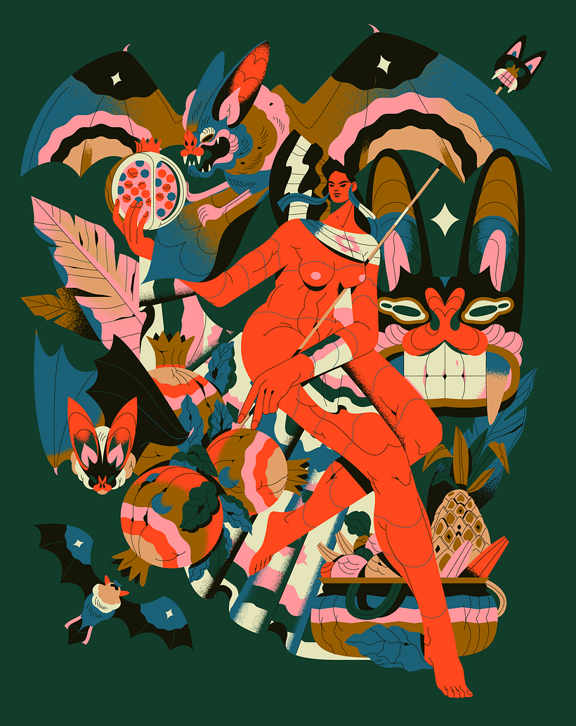 Frutera es una ilustración donde quería jugar mucho con composiciones, figura humana y analogías. 