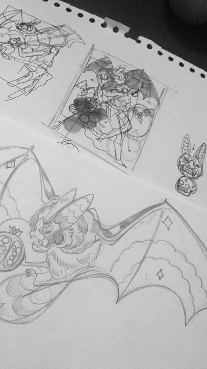 Los murciélagos siempre me gustaron, aquí lo utilicé como una figura principal para luego plantear el resto del dibujo.