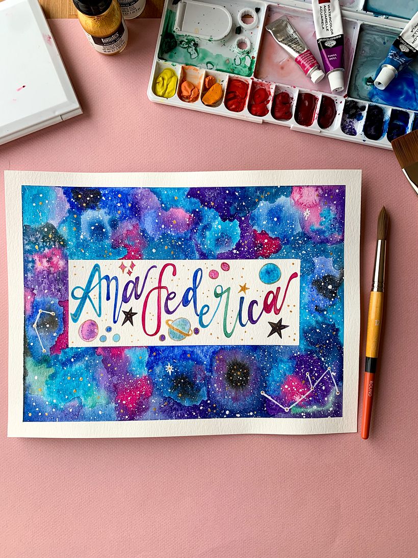 Lettering de galaxias en acuarela para Ana Federica 