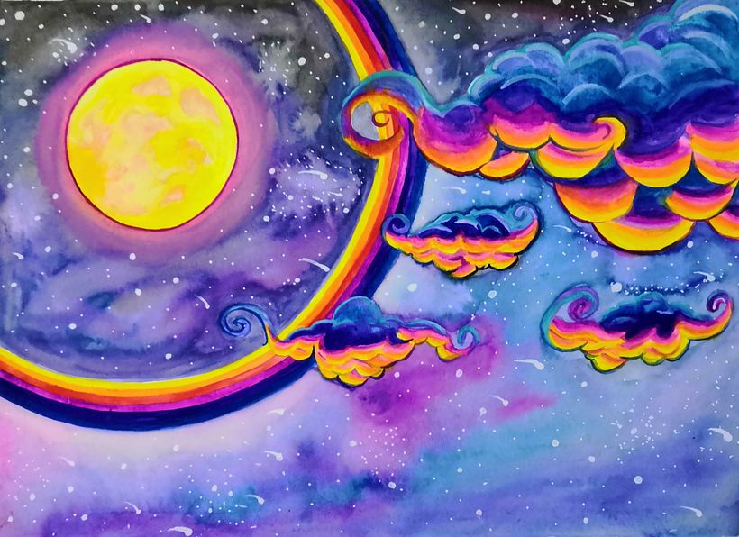 Inspirado en un atardecer con la Luna en su casa (aro lunar) manifestando su presencia. 
