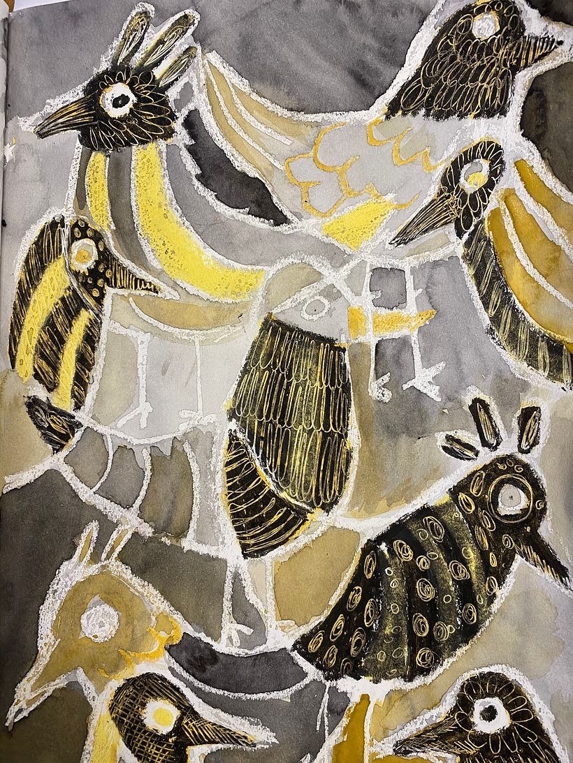 combination of bird stencil, oil crayons, aquarelle & scratching
