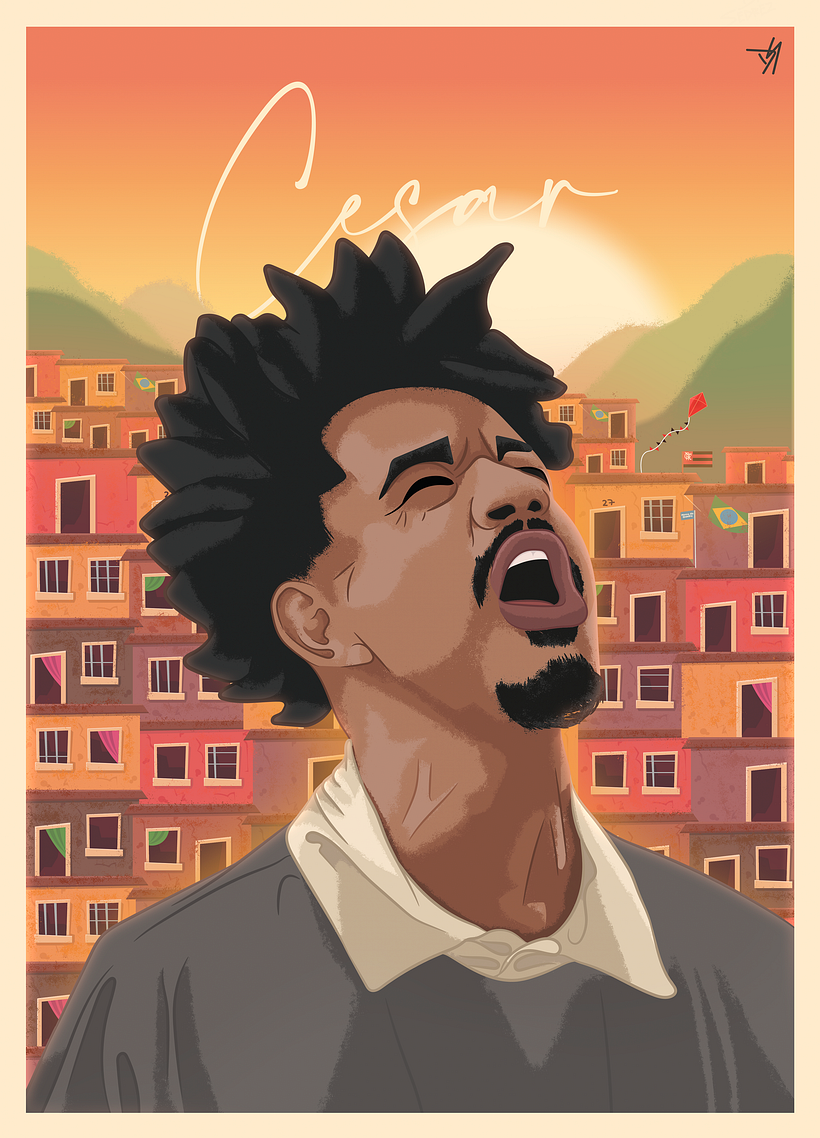 Criei essa arte ilustrando o cantor Cesar MC. Misturei minhas técnicas de ilustração com algumas ideias do curso