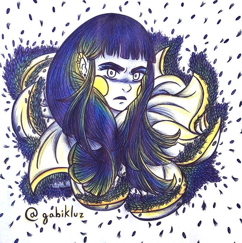 Um desenho que eu fiz para um concurso no Instagram! A pintura foi feita com lápis de cor e com caneta preta.