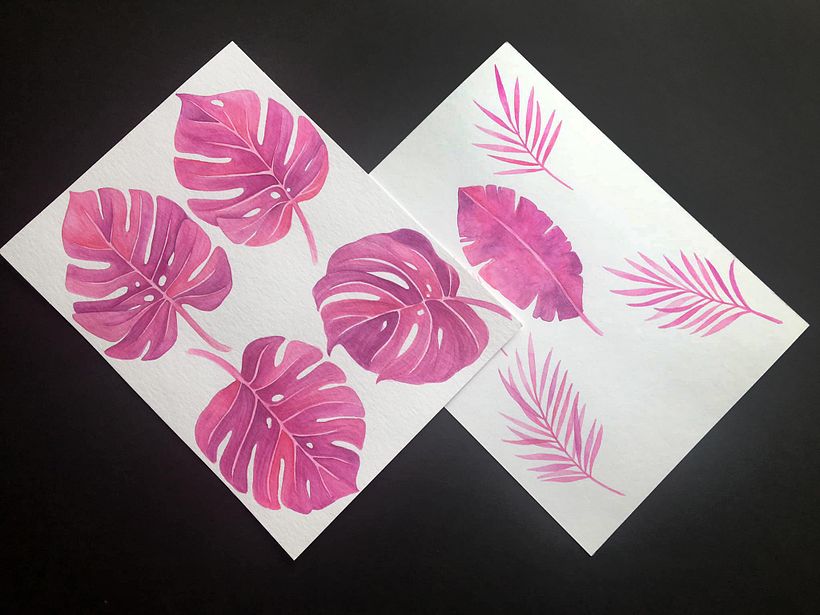 Ilustraciones con acuarela: Hojas de monstera y palmas