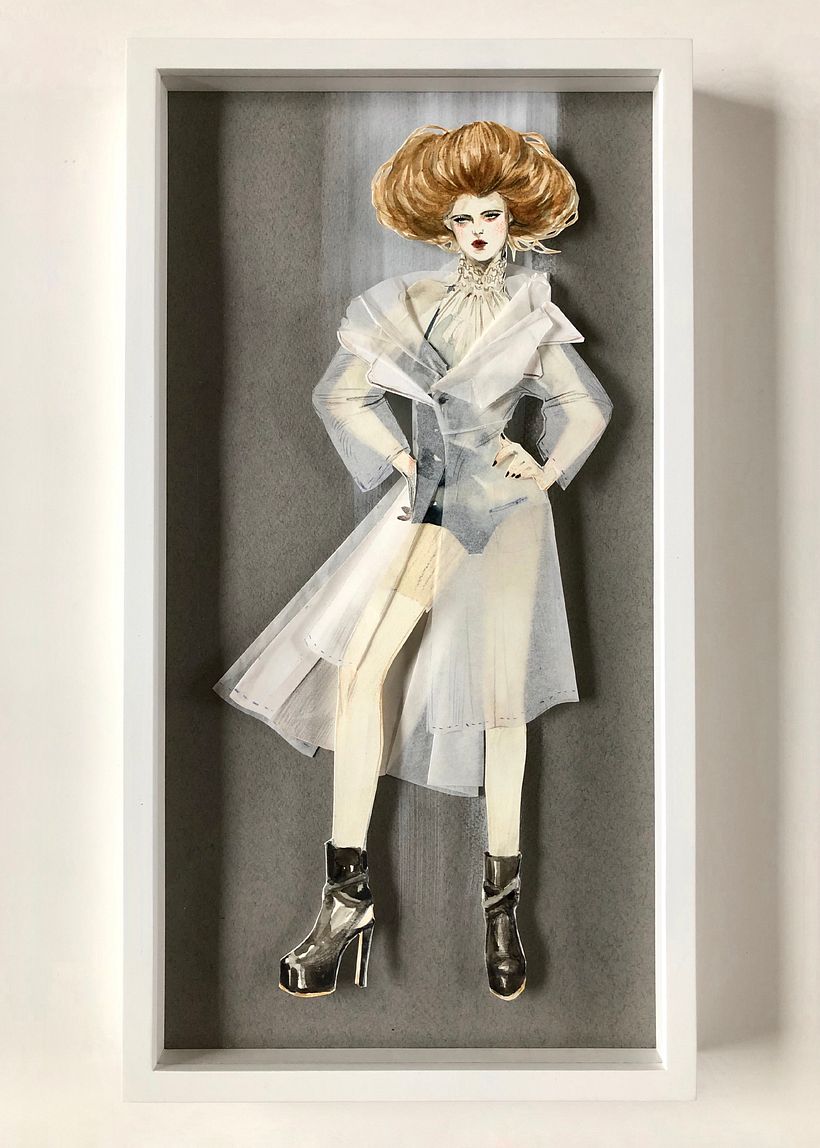 'Judith' Ink + colored pencil + gouache + tape + tracing paper collage (framed)