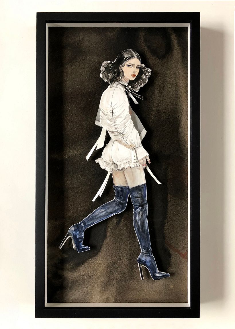 'Salome' Ink + colored pencil + gouache + tape + tracing paper collage (framed)