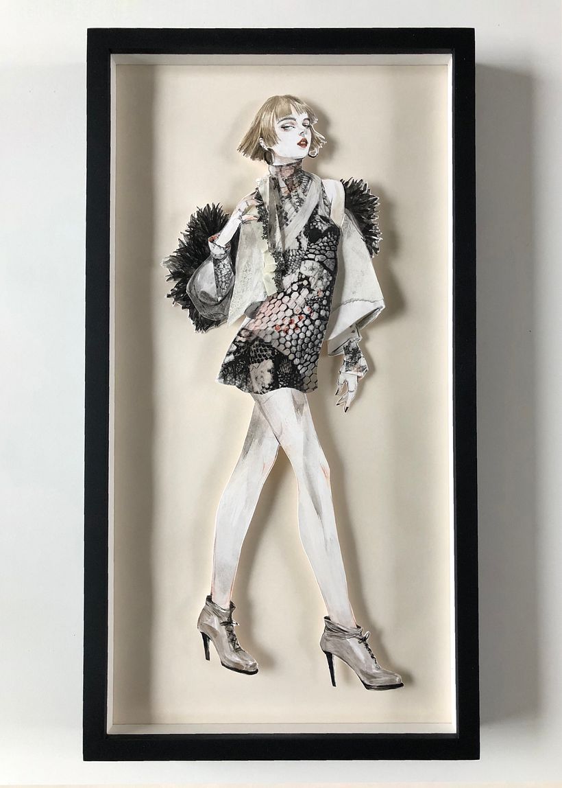 'Cindy' Ink + colored pencil + gouache + tape + acetate collage (framed)