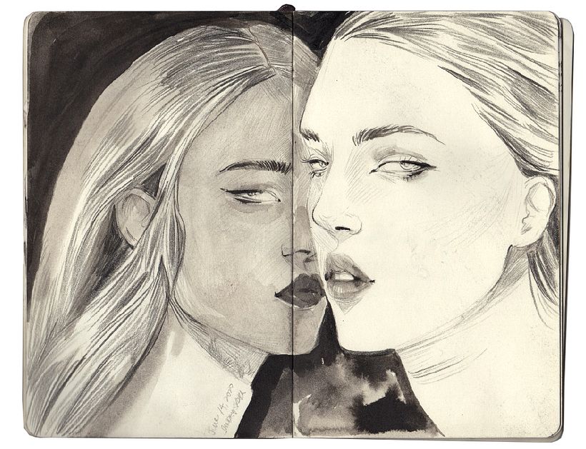Ying and Yang - Colored pencil + gouache on Moleskine sketchbook