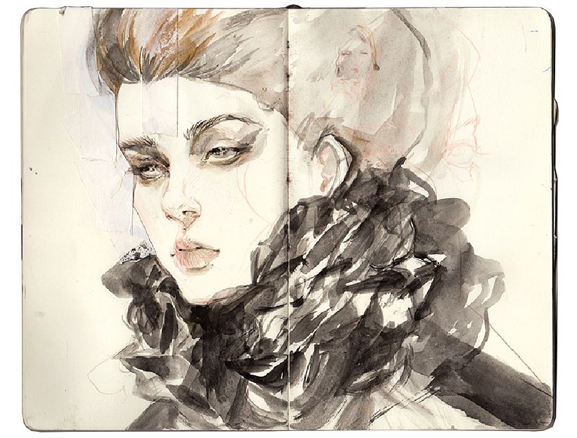 Alexander Mcqueen - Colored pencil + gouache on Moleskine sketchbook