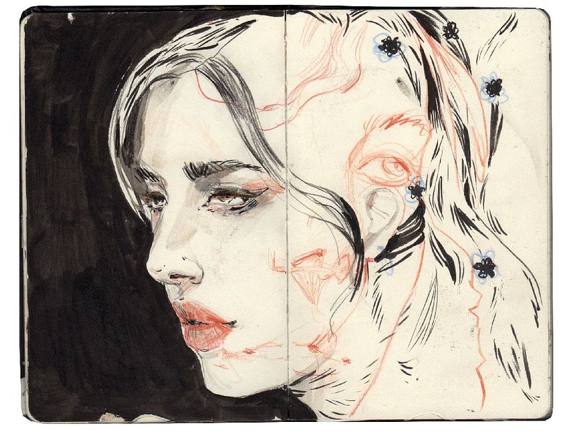 She Knows - Colored pencil + brush pen on Moleskine sketchbook