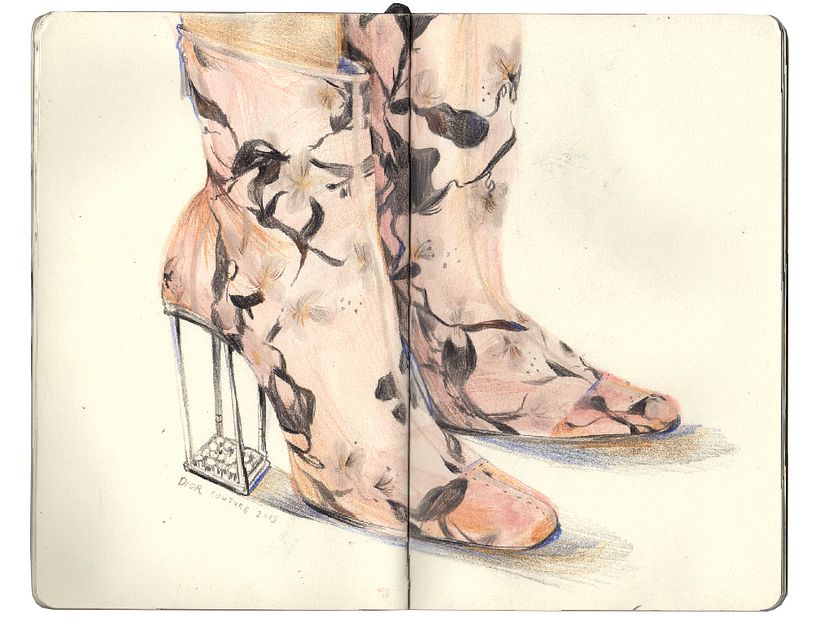 Dior - Colored pencil + gouache on Moleskine sketchbook