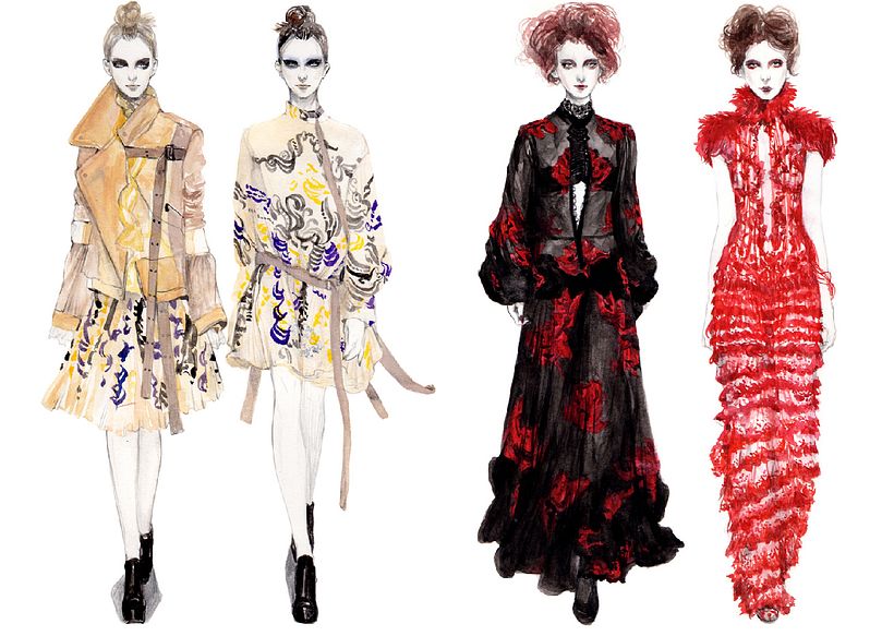Sacai AW 2016 and Alexander Mcqueen AW 2015 - Gouache + pencil on paper