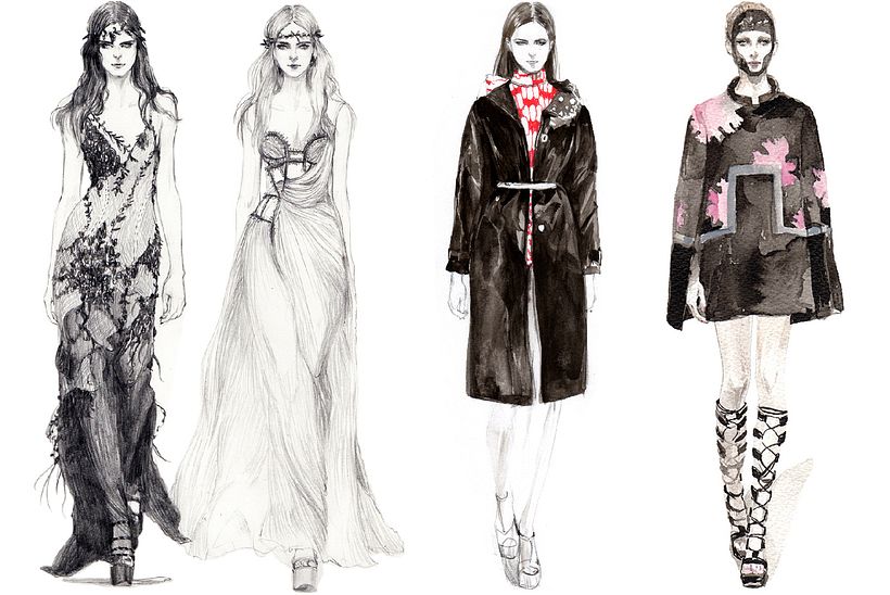 Versace AW 2015 - pencil on paper and Miu Miu SS 2017 and Alexander Mcqueen 2015 - pen + watercolor + pencil on paper