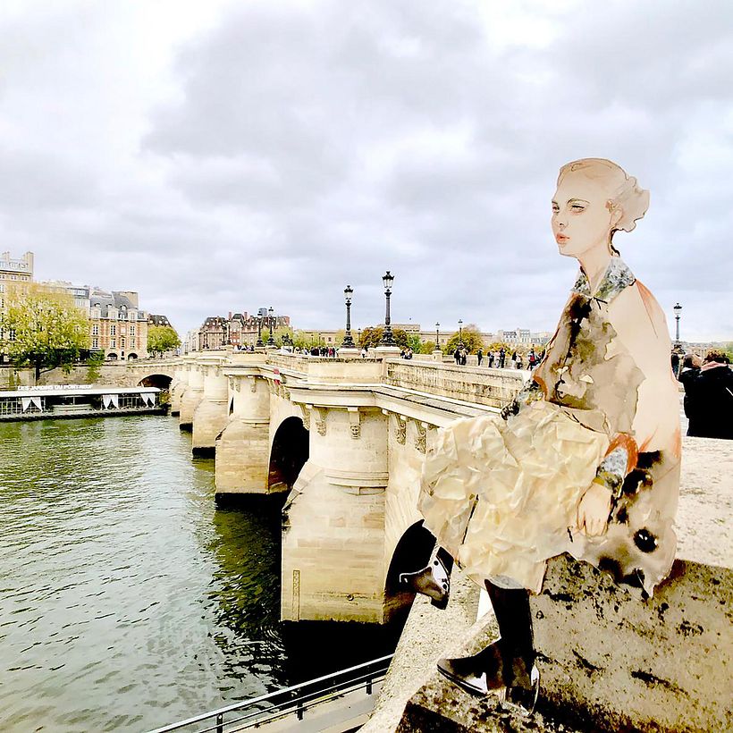 Ink + colored pencil + masking tape (skirt) + collage on paper at the Seine River