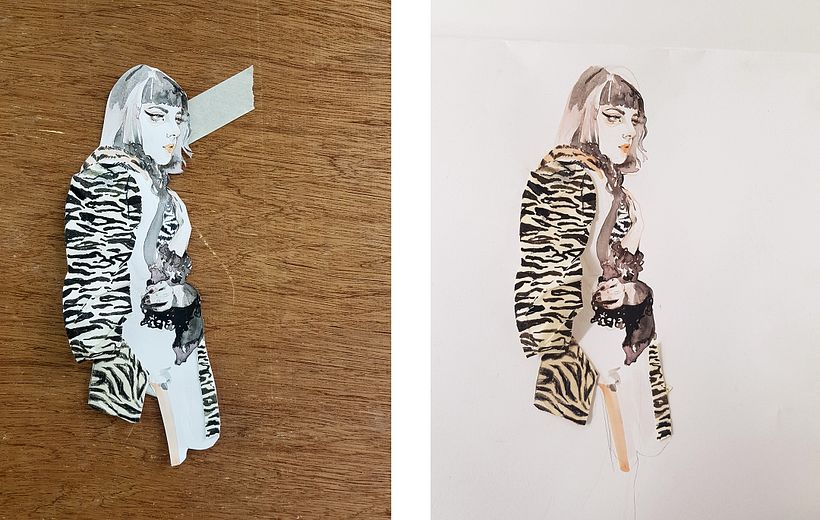Watercolor + colored pencil + masking tape (sleeve) + collage on paper on the wood / white wall