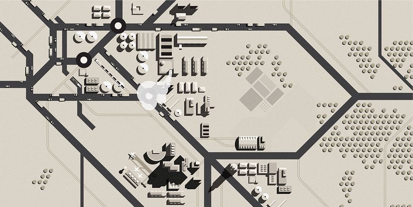 Small details like the smoke from the factories add realism to the illustration.