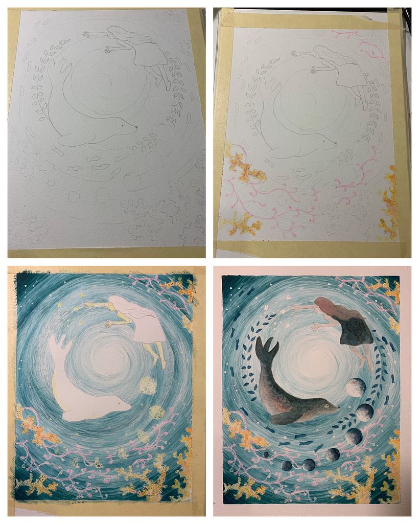 Process: Crayon (just crayola) for the sea plants as an experiment, masked out white, filled in the rest
