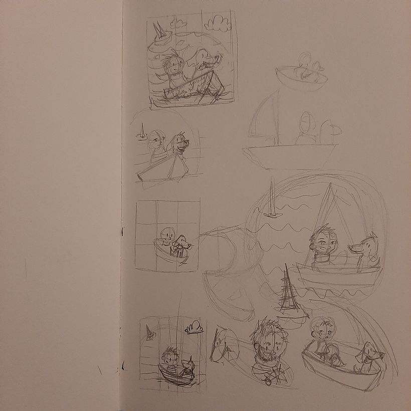 Primeros bocetos: estudio de composición y posición de los personajes