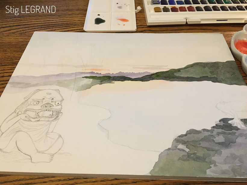 My project in the drawing step, with the landscape watercolour first layers