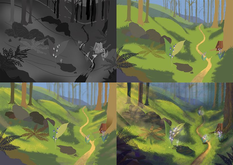 The differents stages. Big questionning moment between 2nd stage (flat colors) and the beginning of the shading.