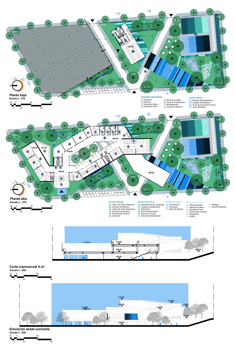 Board 5 - Floor plans, section cut and elevation.