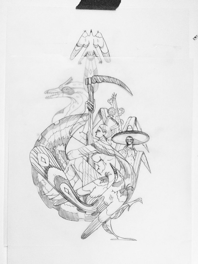 Este es el dibujo final que utilicé previo a digitalizar. Para lograr la composición, dibujé elementos en hojas diferentes.