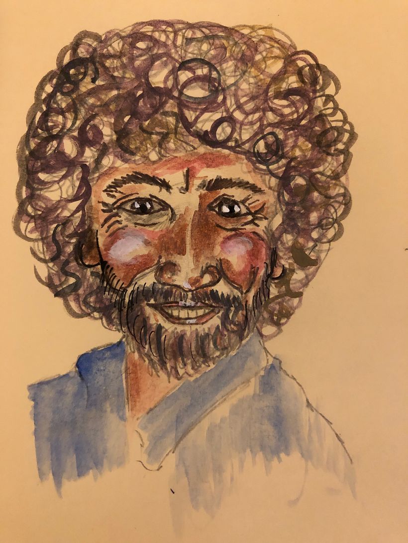 A small A6 sketch of Bob Ross using Derwent graphic watercolours