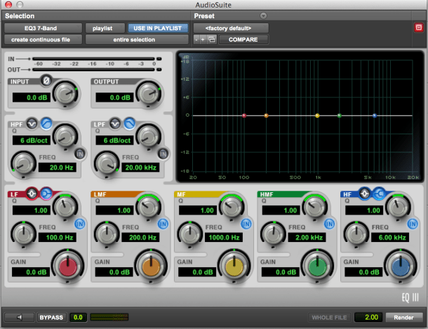 Visualização do equalizador de 7 canais no Pro Tools