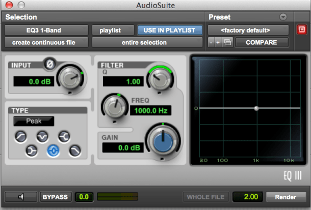 Visualização do equalizador de 1 canal no Pro Tools