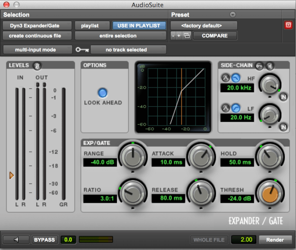 Visualização da noise gate no Pro Tools