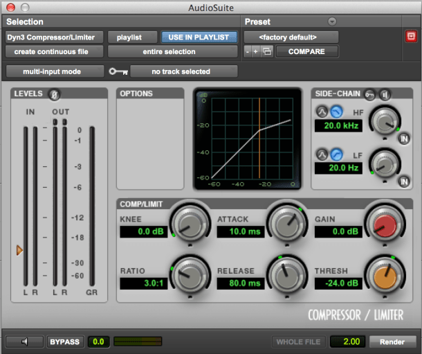 Visualização do compressor no Pro Tools