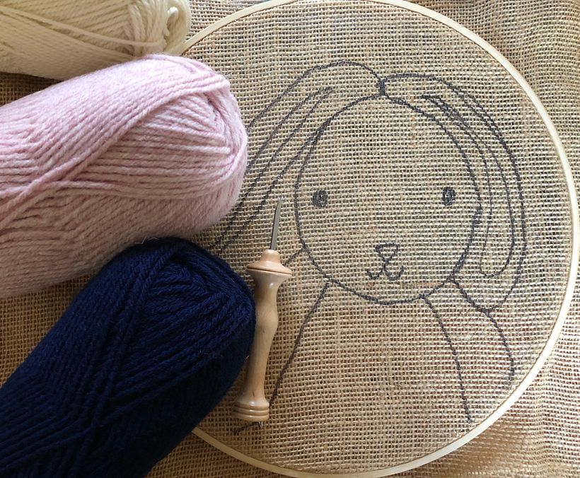 Image transferred to the fabric, yarns and punch needle ready!